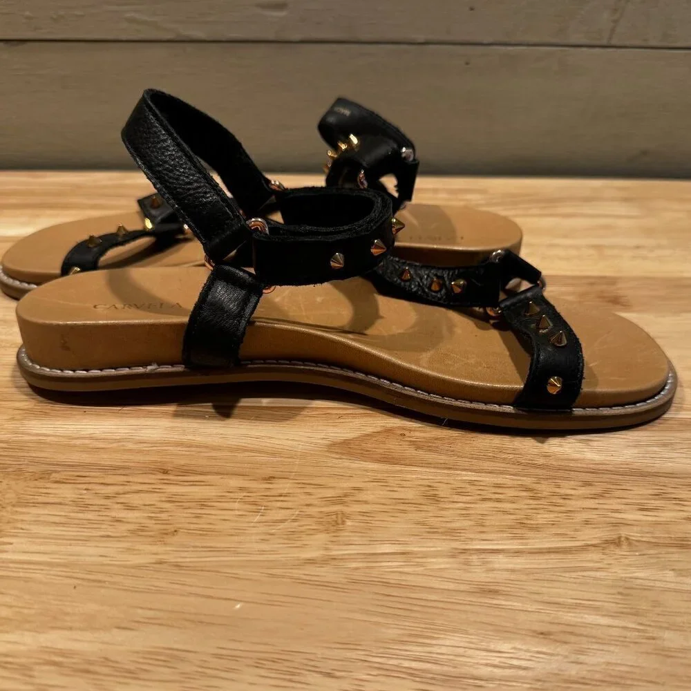 Carvela Kurt Geiger Kilter Flat Leather Sandals Black w/ Gold Studs Size US 7.5 - Picture 2 of 8